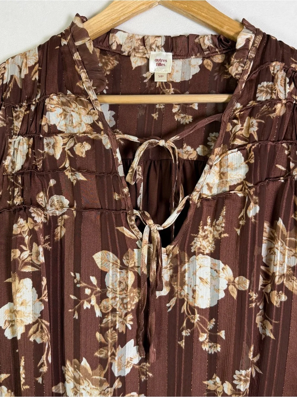 Autres Filles Anthropologie Floral Boho Peasant Blouse Brown Tie Neck Top Sz S - Picture 3 of 10